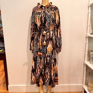 Figue Magnolia Belted Midi Dress Sz XL Ikat Print Long Sleeves
